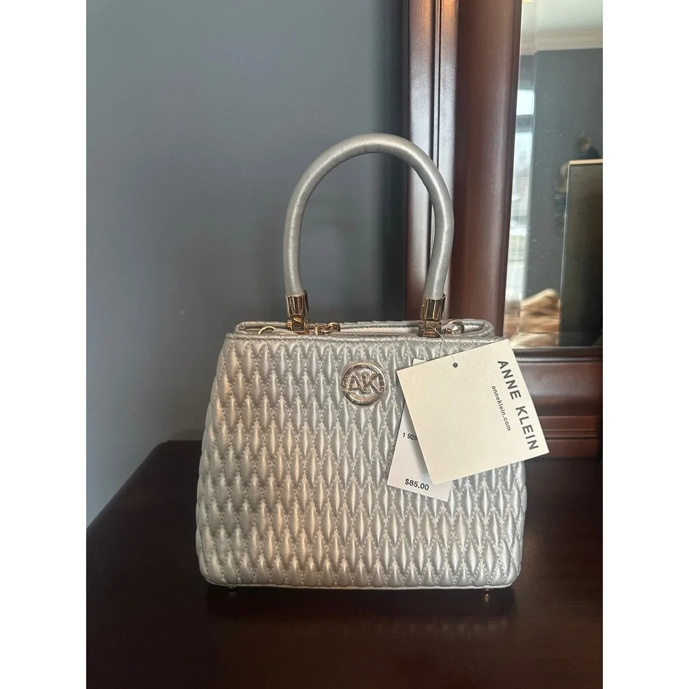 Anne Klein Silver Metallic Quilted Small‎ Satchel Bag AKH5284 NWT